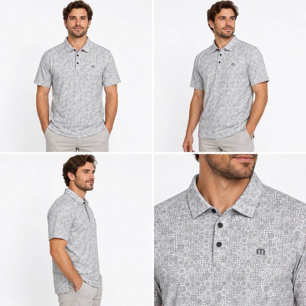 TravisMathew Golf Polo Shirt Mens Medium Gray White Geometric Print Short Sleeve